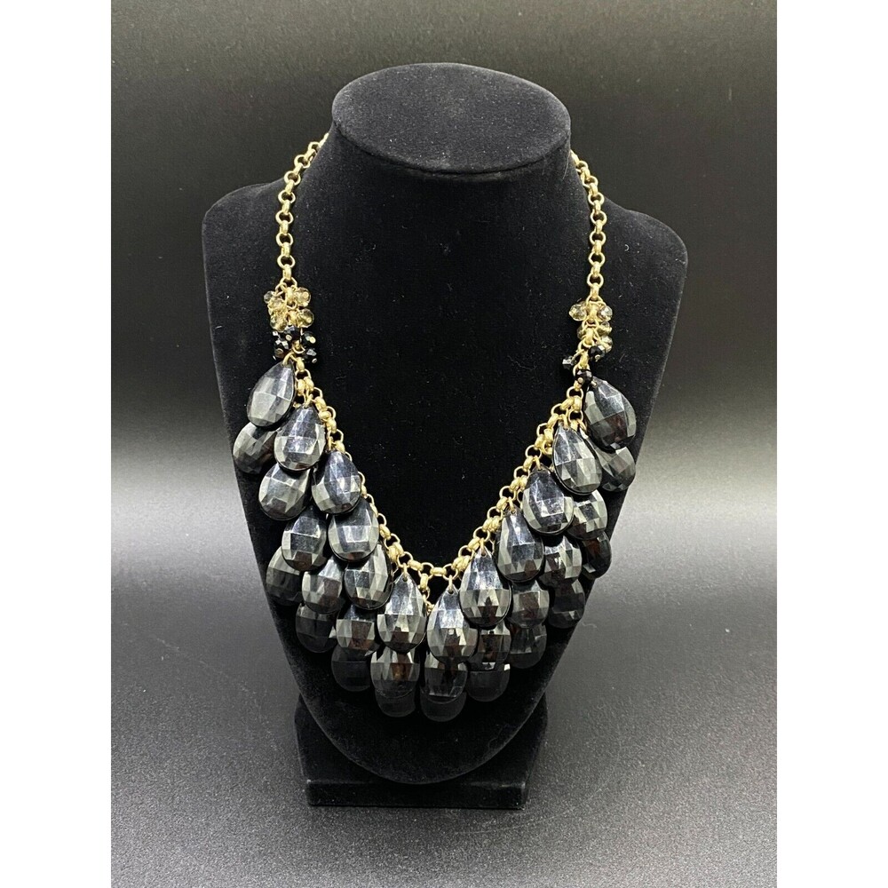 Gold Tone Black & Smoky Faceted Bead Statement Necklace